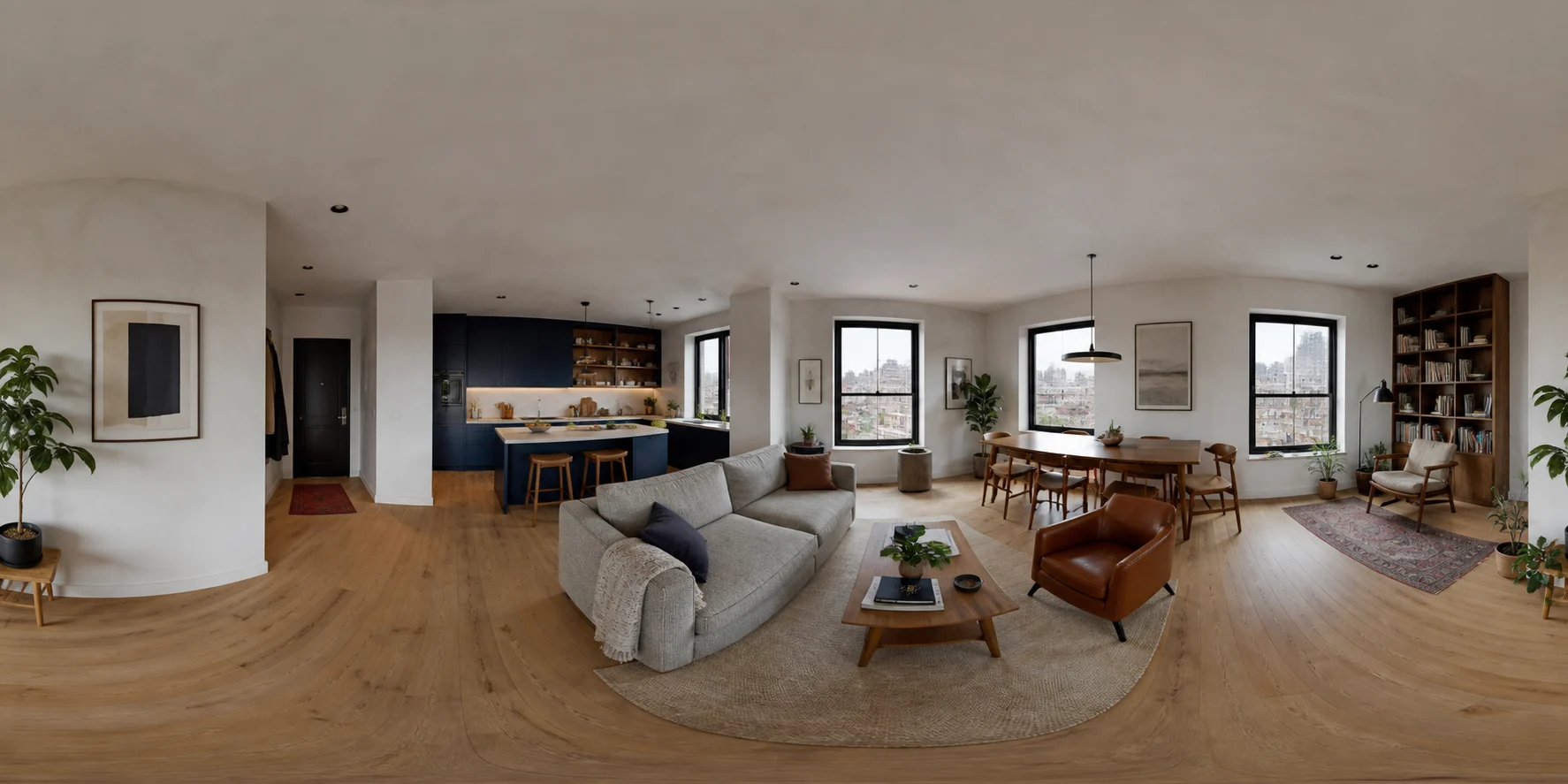 Flat 2 to 1 equirectangular panorama of an urban apartment with a navy kitchen, walnut dining area, and city windows
