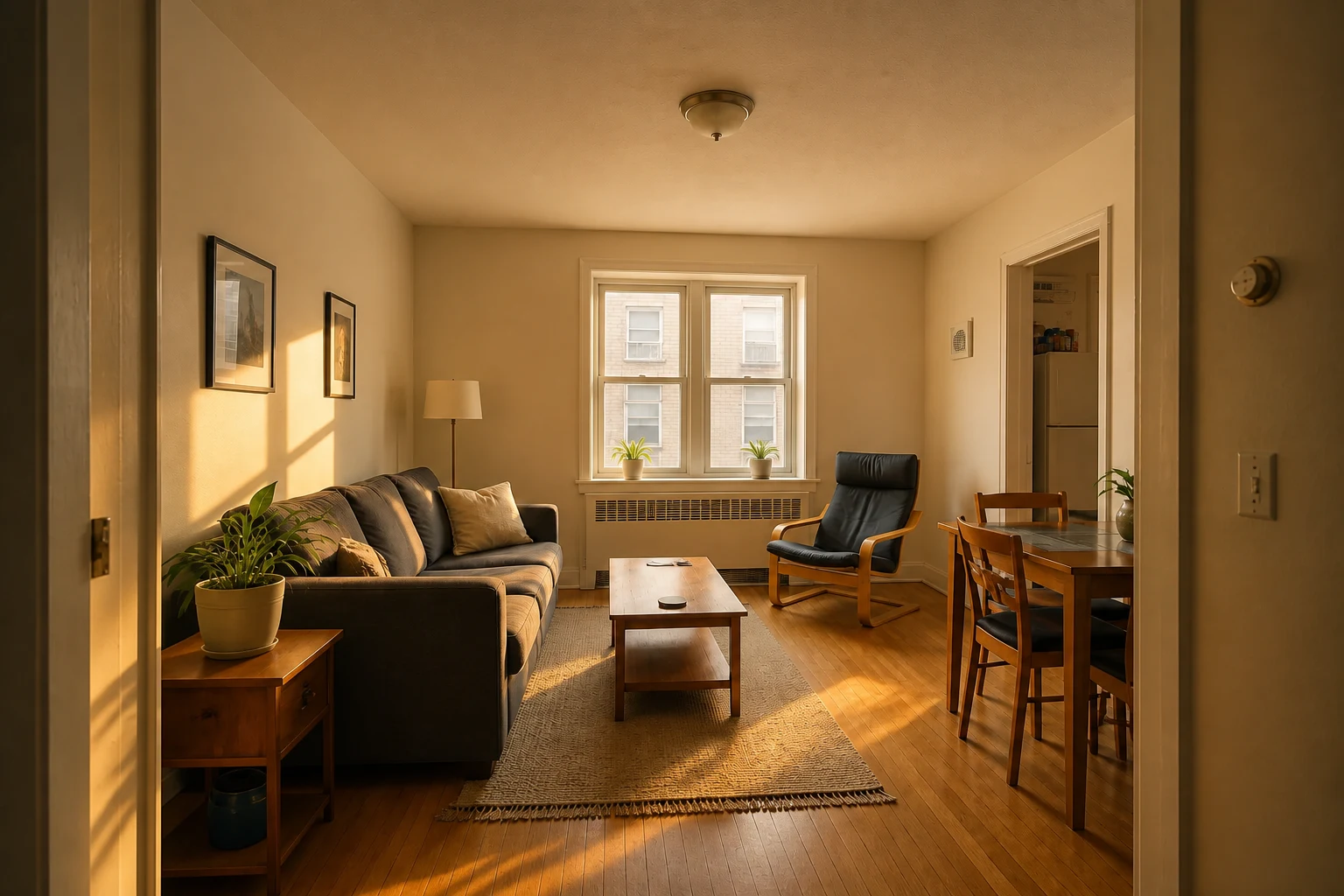 Living room after AI relighting adds warm golden-hour sunlight and natural shadows
