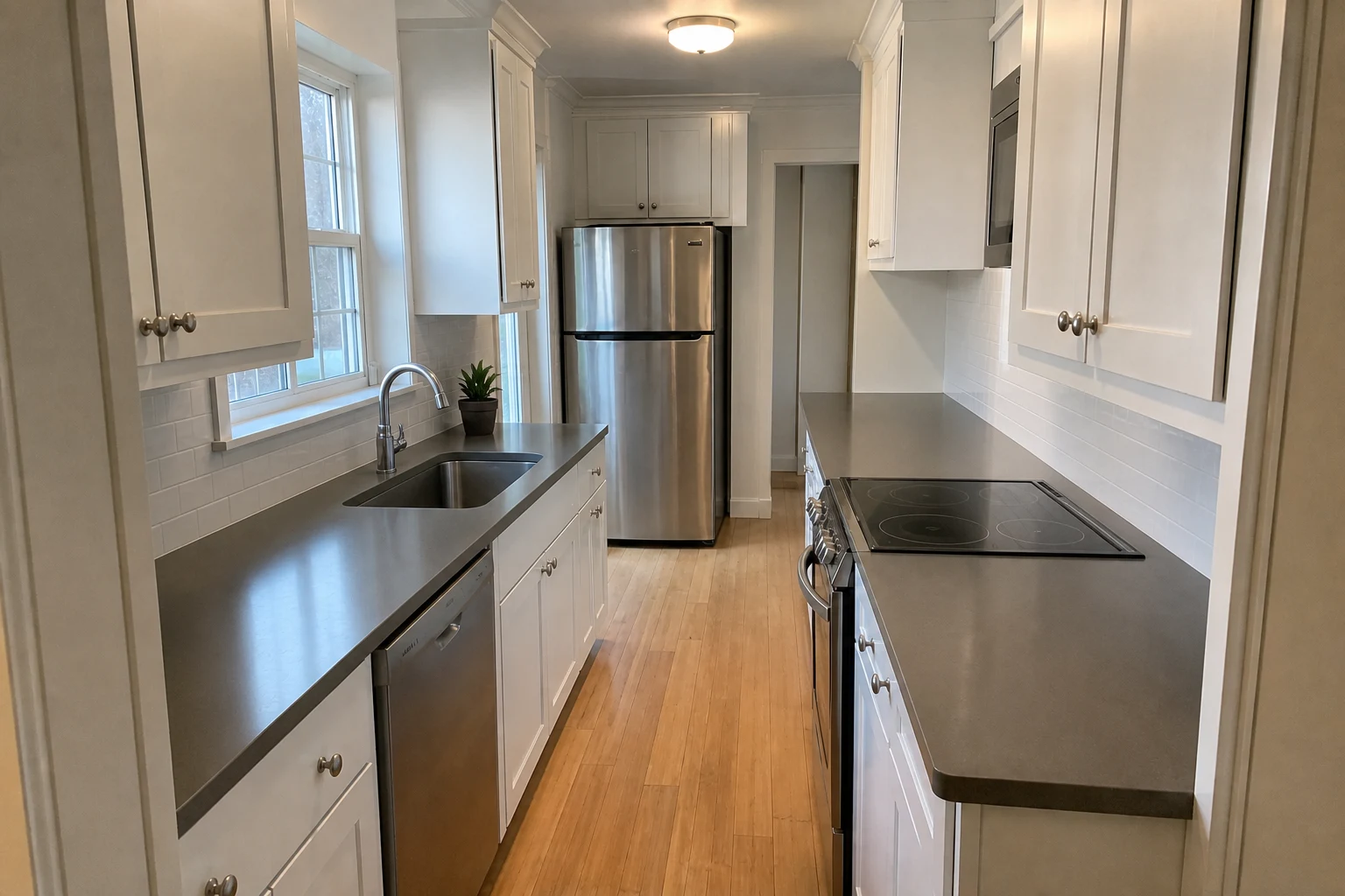 Galley kitchen after AI removes dishes, groceries, mail, and countertop clutter
