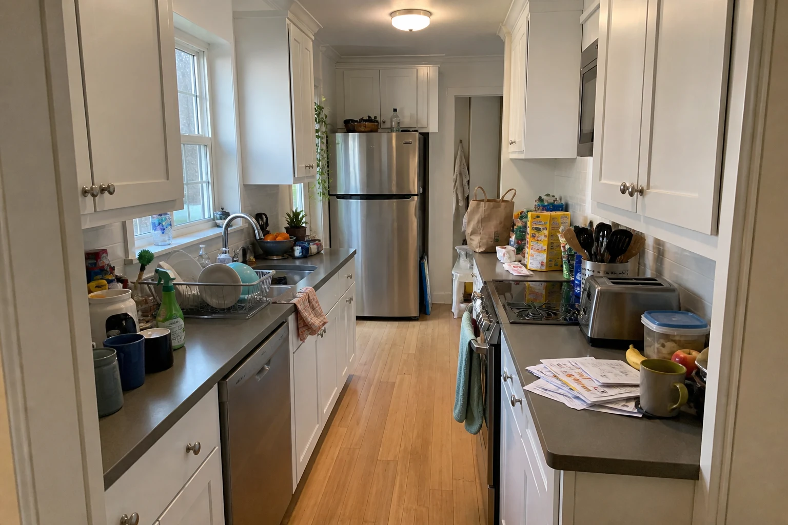 Cluttered galley kitchen counters before AI room cleaning