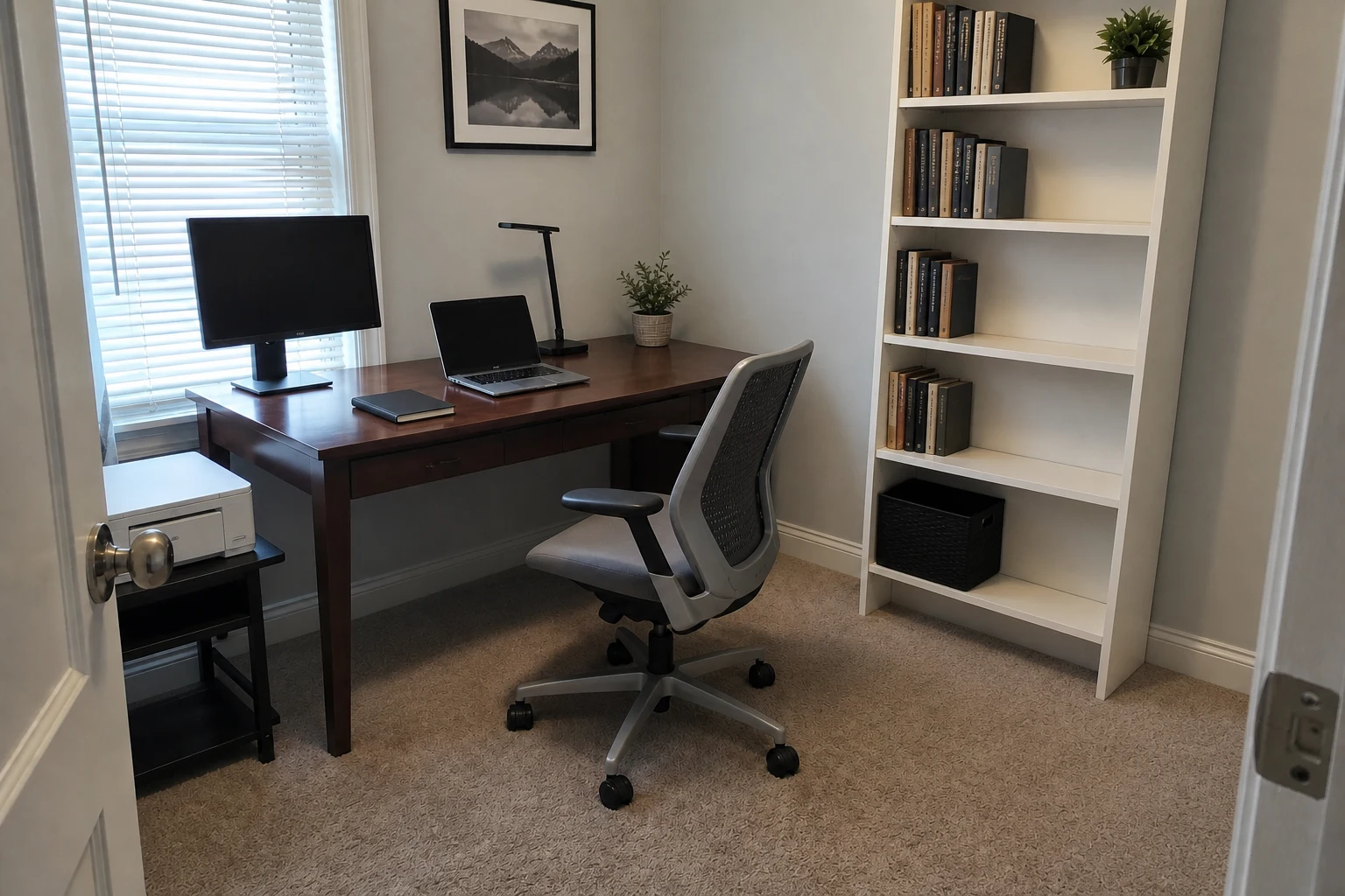 Organized home office after AI removes boxes, papers, backpack, and loose cables