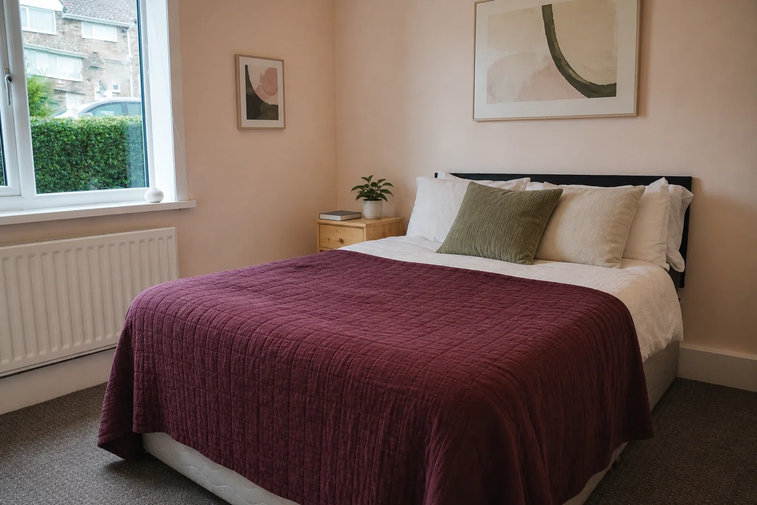 Compact bedroom with plum bedding before an AI room makeover