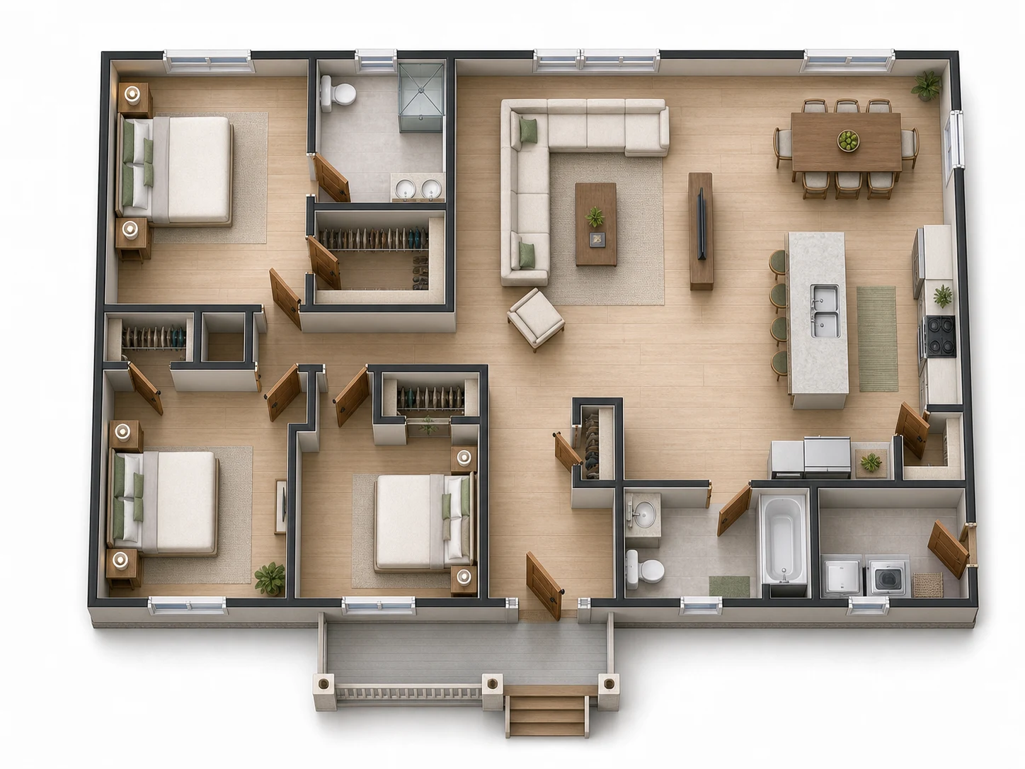 Colored 2.5D floor plan generated from requirements