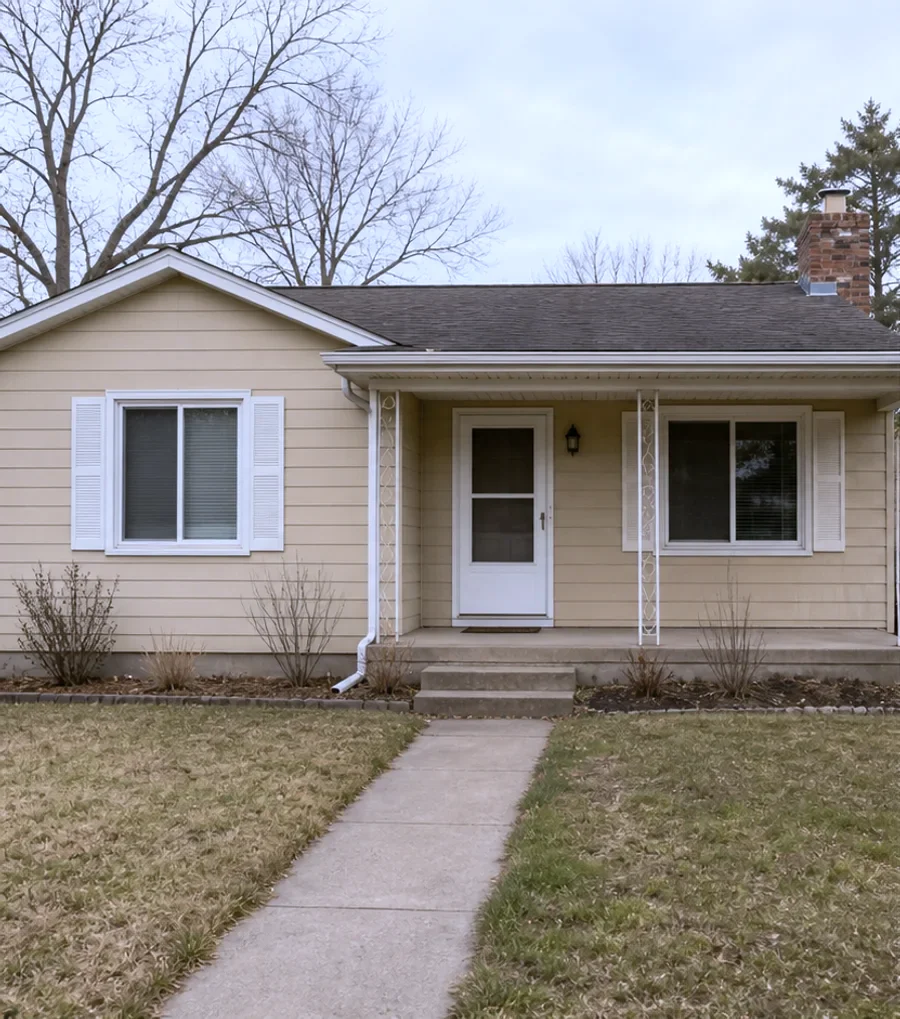 Original single-story house with beige siding, white trim and a gray roof