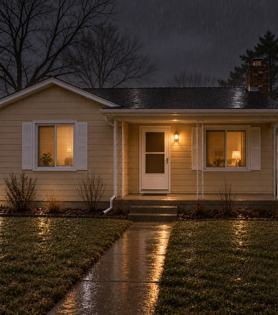 AI exterior preview at night with rain, wet paving and warm porch lighting
