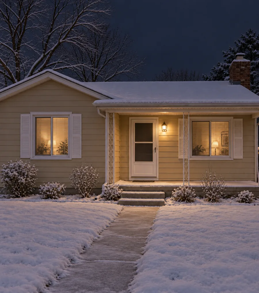 House exterior on a snowy night with warm window light and snow covering the roof and garden