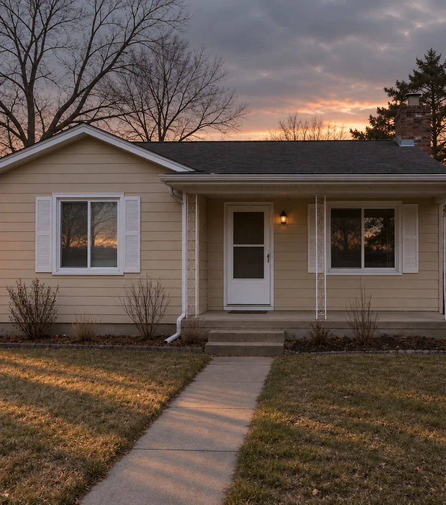 AI house exterior preview at sunset with an overcast sky and warm horizon light