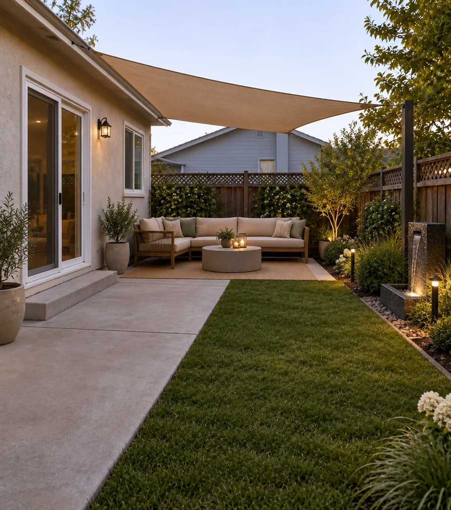 AI small backyard design with corner seating, a shade sail, garden lighting and a water feature