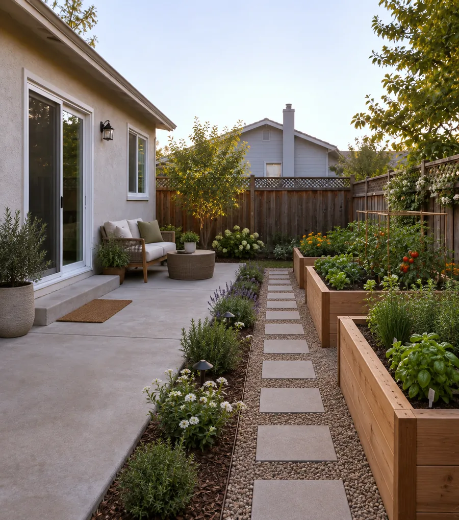 The same backyard with raised planting beds and a path between them