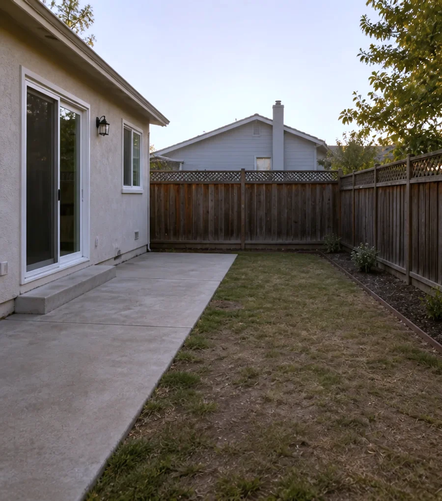 Small backyard with a concrete patio, patchy lawn and timber fences