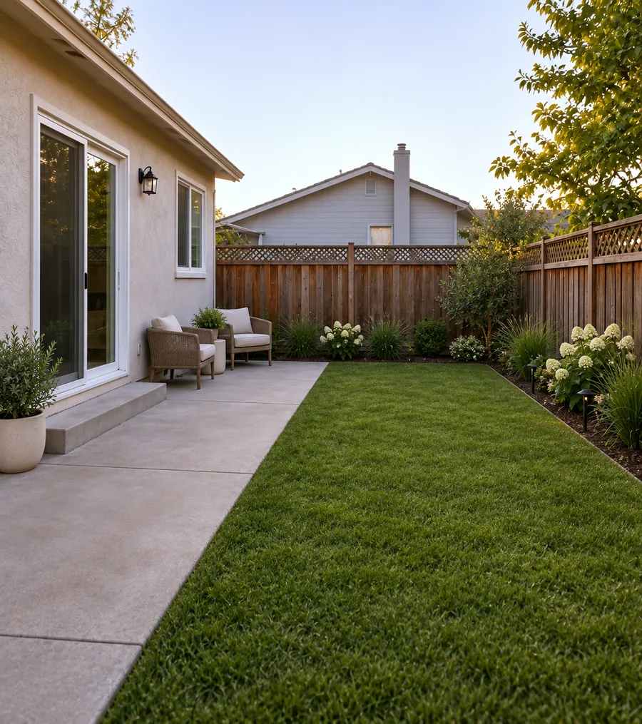 AI backyard concept with an open lawn, clear patio path and planting along the fence