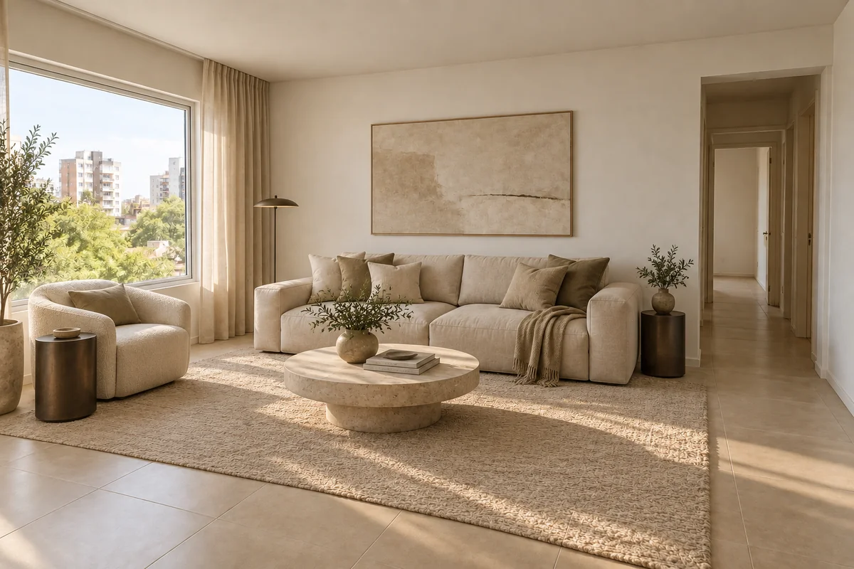 Proposta di arredo con sedute color crema e tavolino rotondo in pietra nella stanza inizialmente vuota