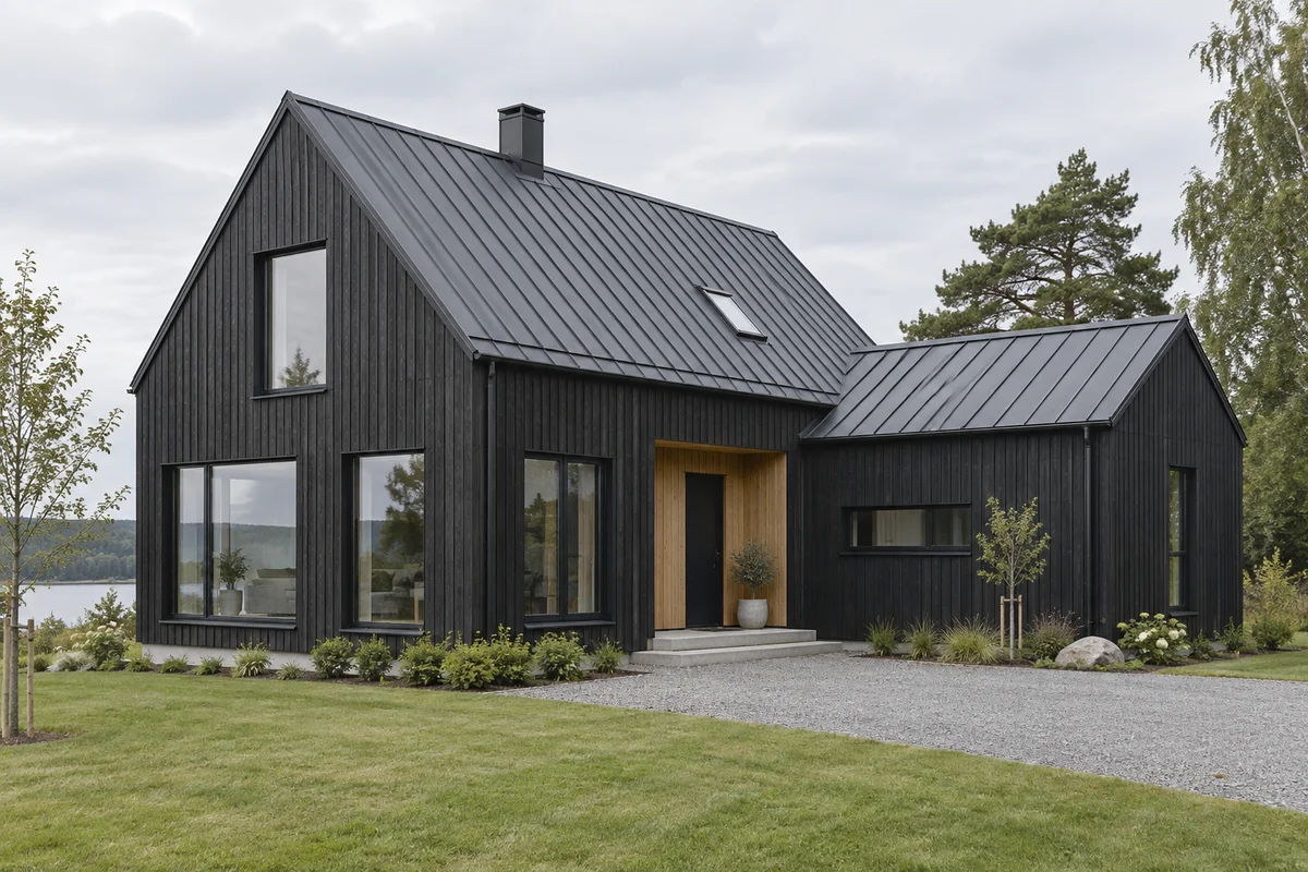 Casa nordica di riferimento con legno verticale antracite, copertura metallica e ingresso in rovere