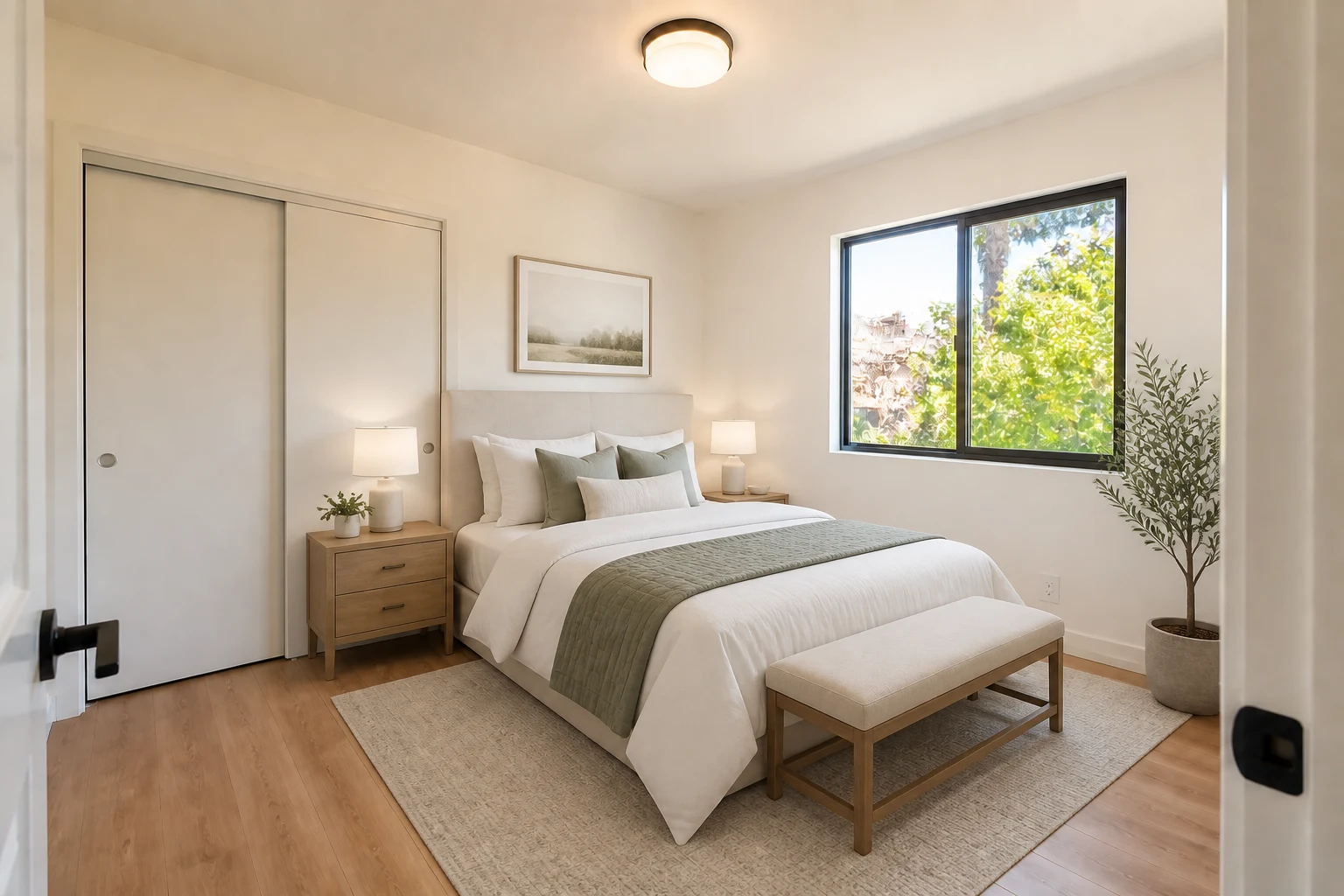 Apartment bedroom after AI virtual staging adds a queen bed, nightstands, bench, rug, and neutral decor