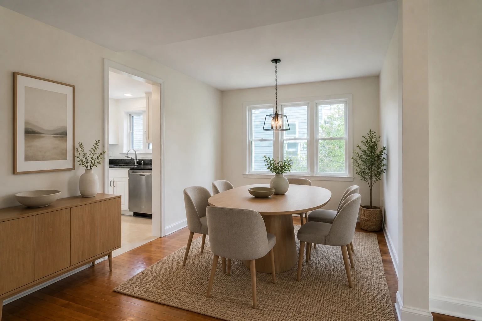 Dining room after AI virtual staging adds an oval table, six chairs, rug, sideboard, artwork, and plants