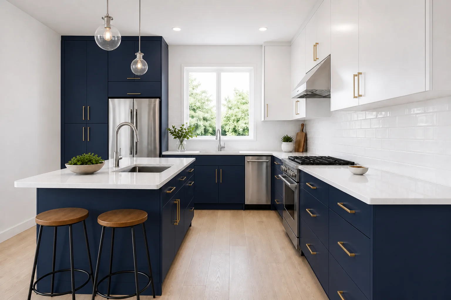 AI-edited apartment kitchen with navy lower cabinets and brass hardware