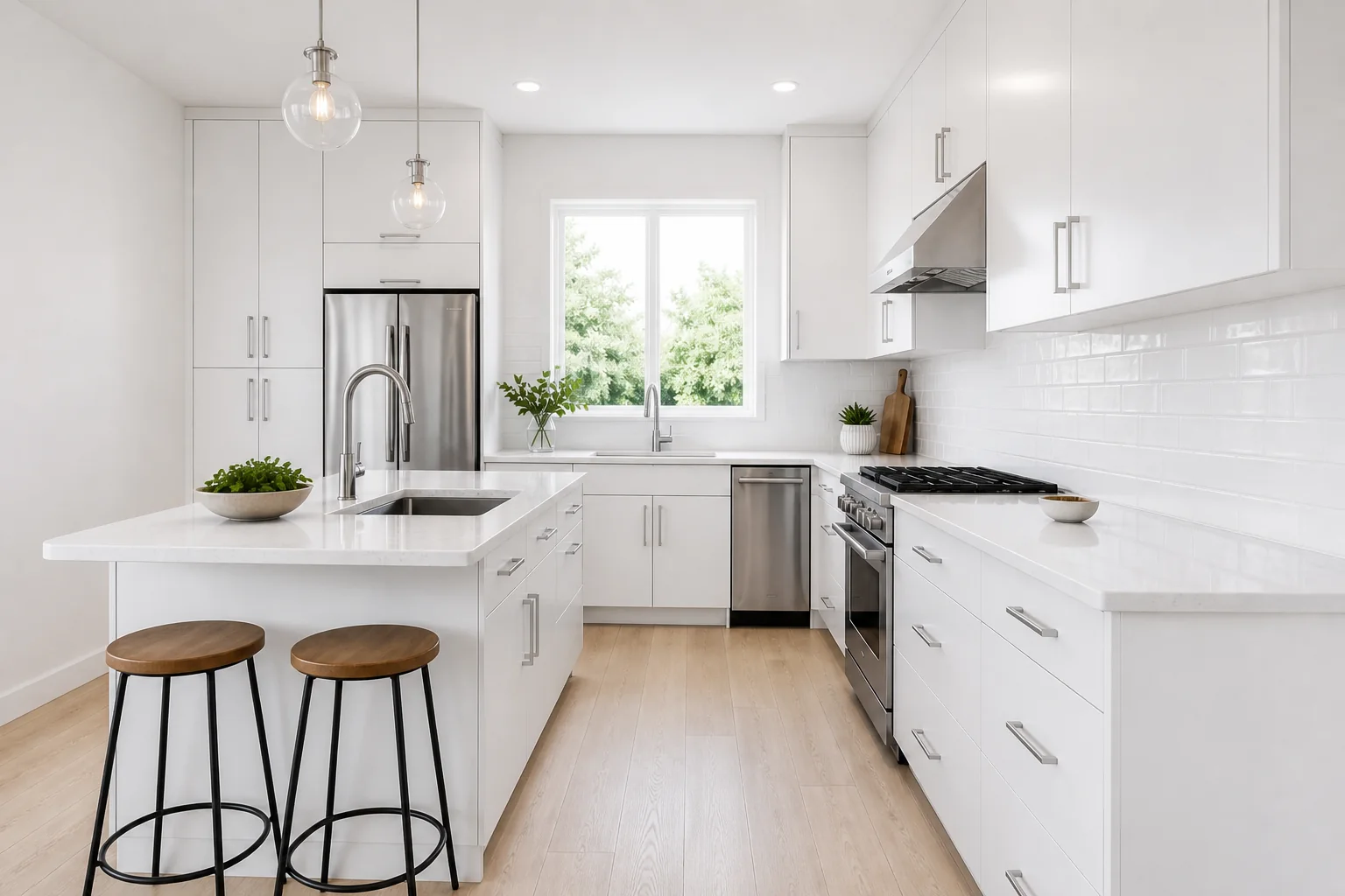 White apartment kitchen before changing the lower cabinets with an AI image editor