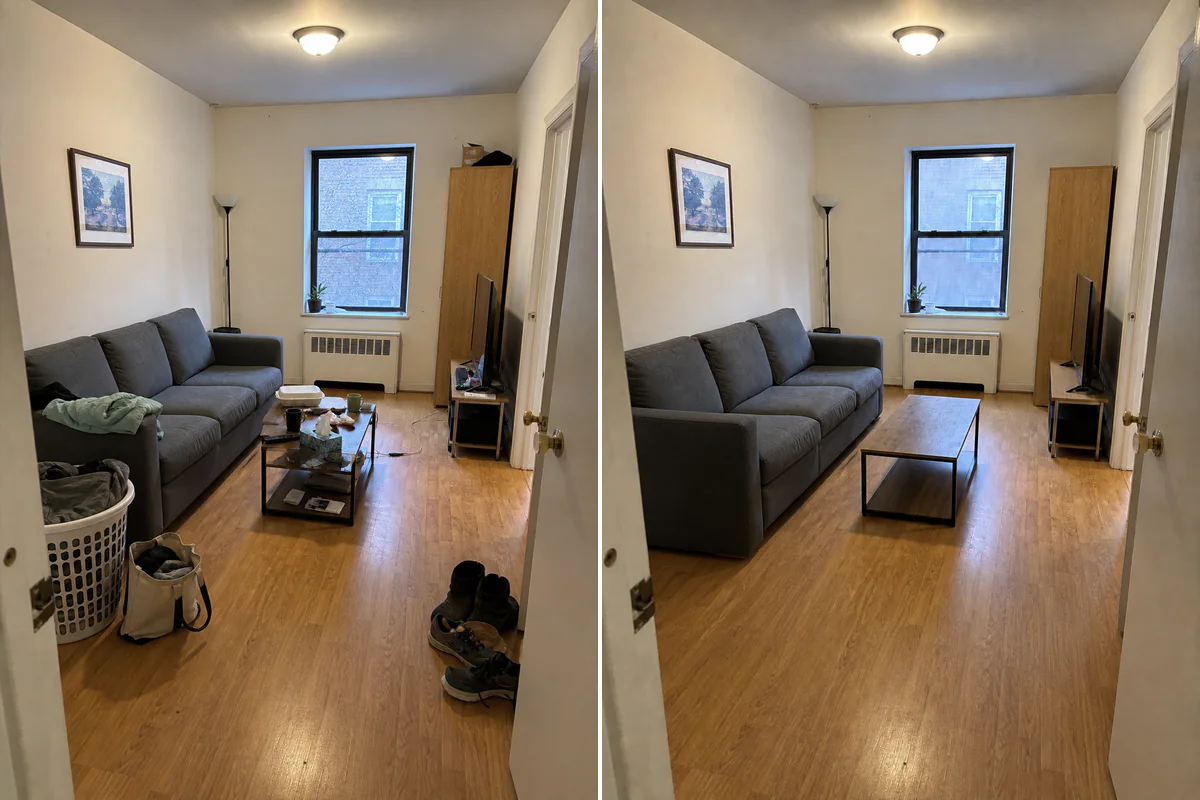 Declutter Room example showing the original space and a transformed result