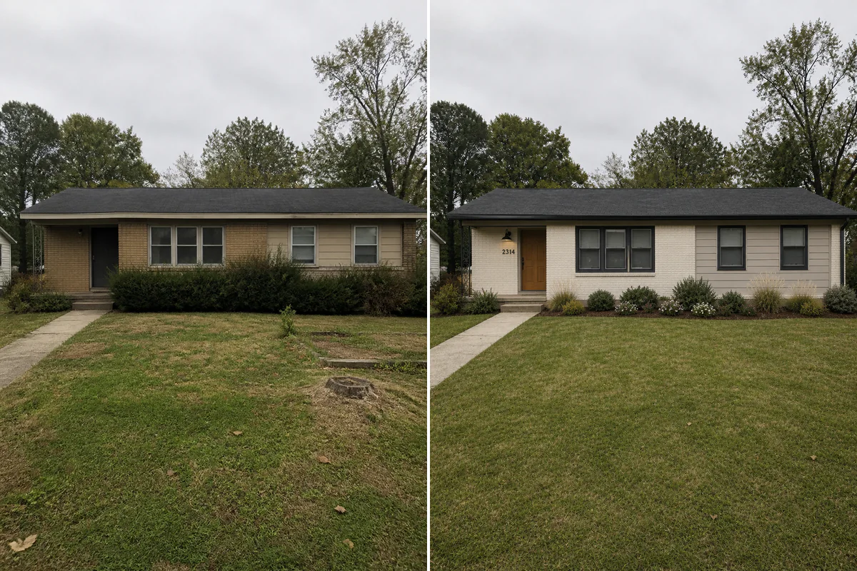Exterior Design example showing the original space and a transformed result