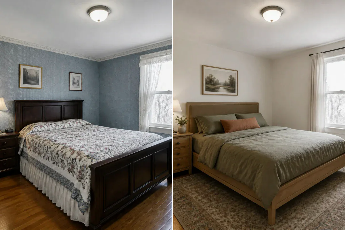 Interior Design example showing the original space and a transformed result