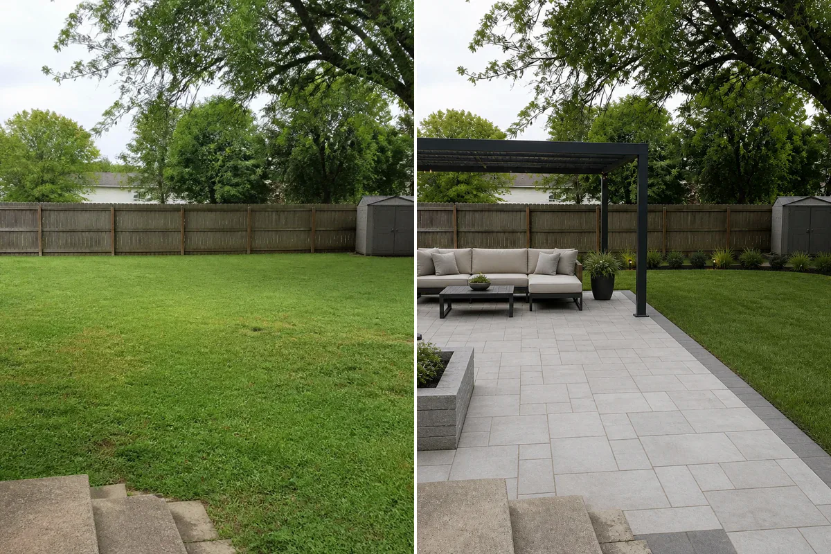 Landscape Design example showing the original space and a transformed result