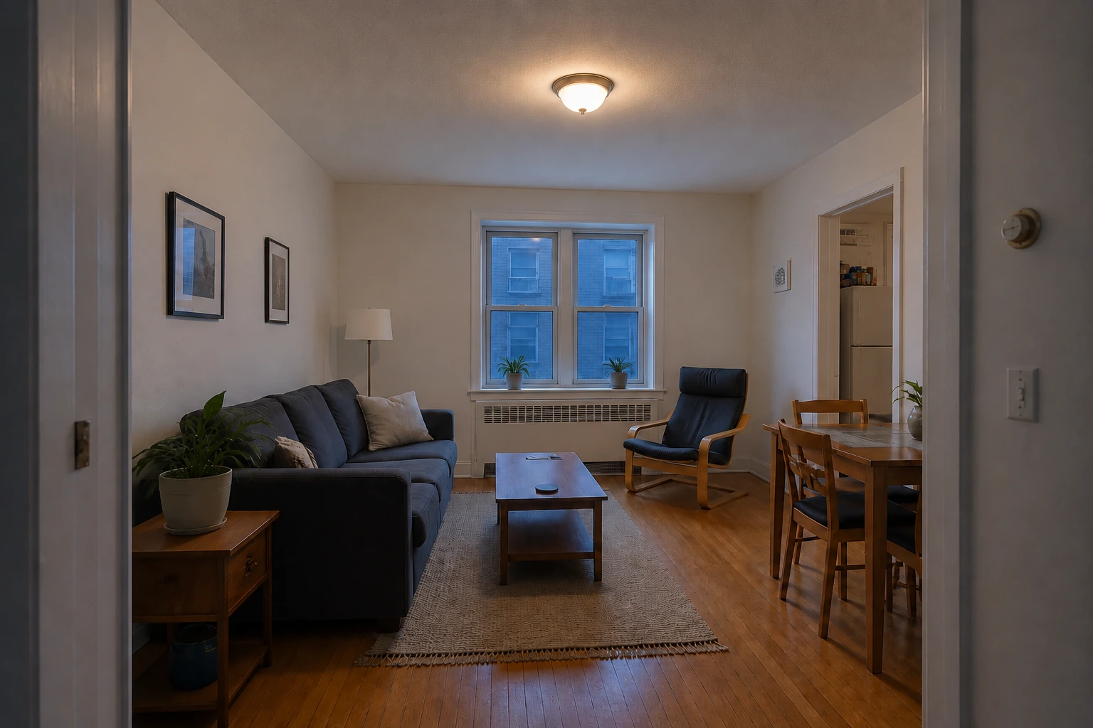 Warm evening living room lighting created with AI relighting