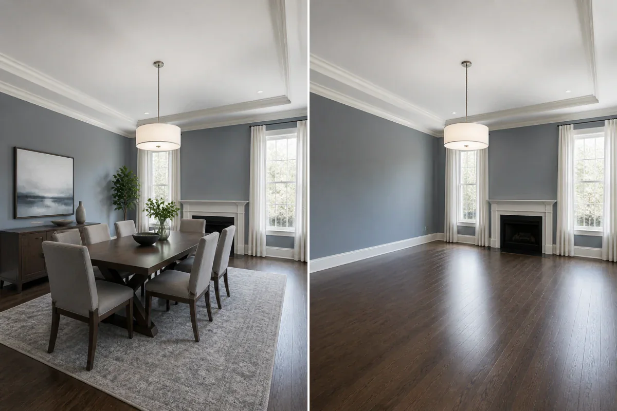 Remove Furniture example showing the original space and a transformed result