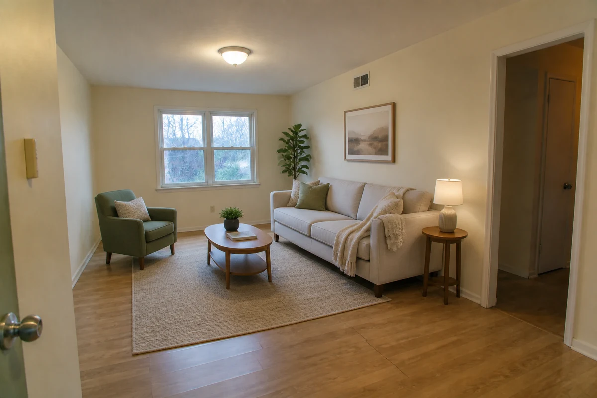 Furnished apartment living room before AI furniture removal