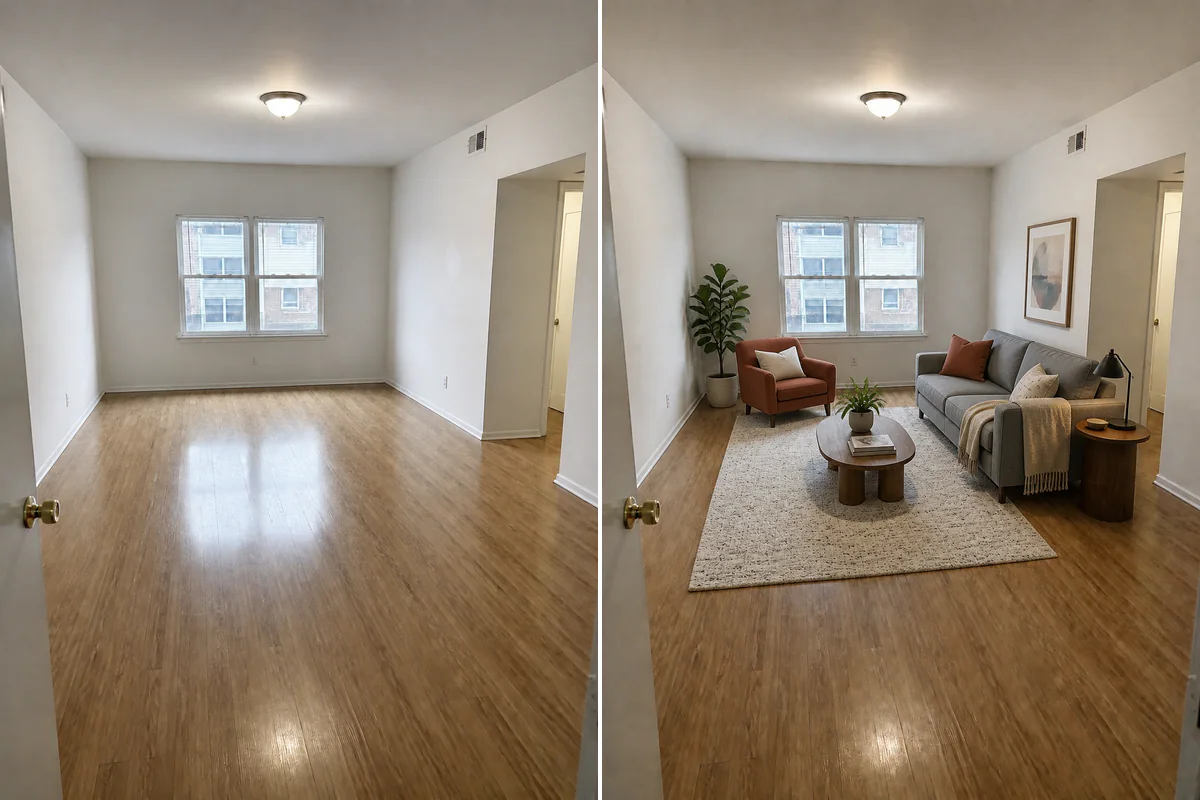 Virtual Staging example showing the original space and a transformed result