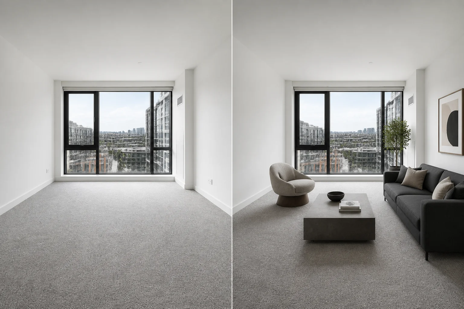 Empty living room furnished with AI virtual staging