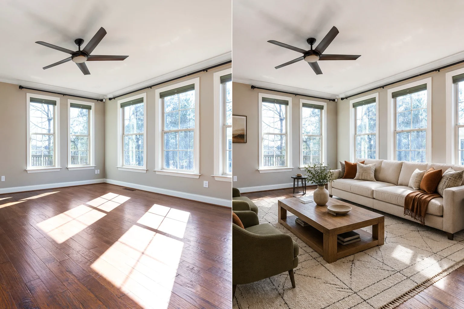 Empty apartment living room before and after natural virtual staging